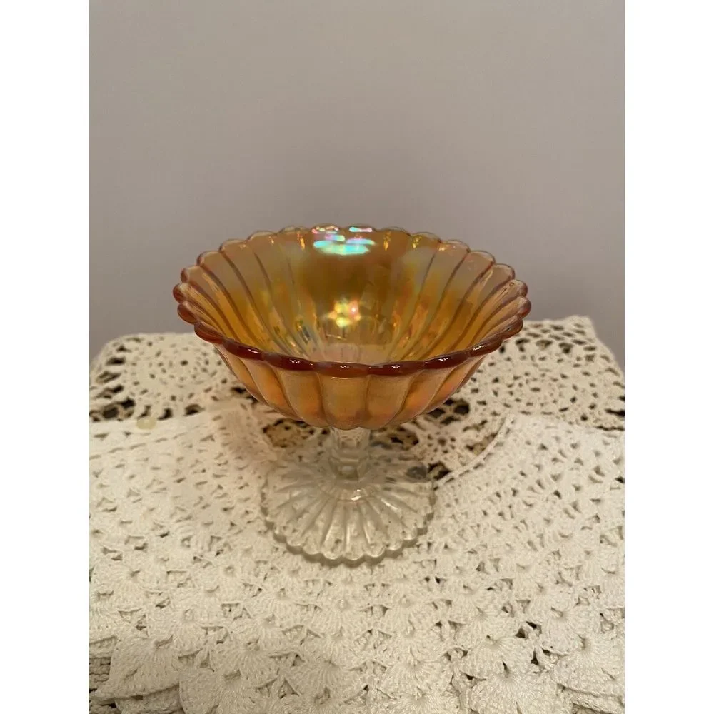 Vintage Iridescent‎ Marigold Glass Compote Footed RIBBED Scallop Edge Pattern 4